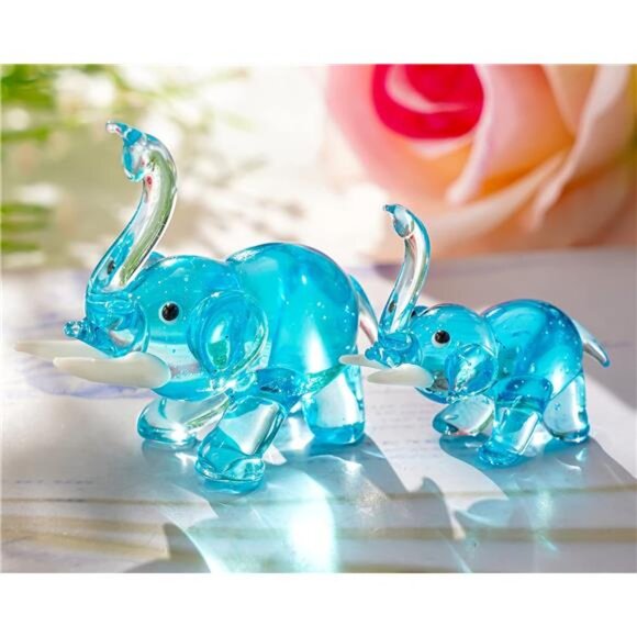 2pcs Hand Blown Glass Elephant Figurines, Art Glass Elephant Animals Collection - Picture 1 of 7